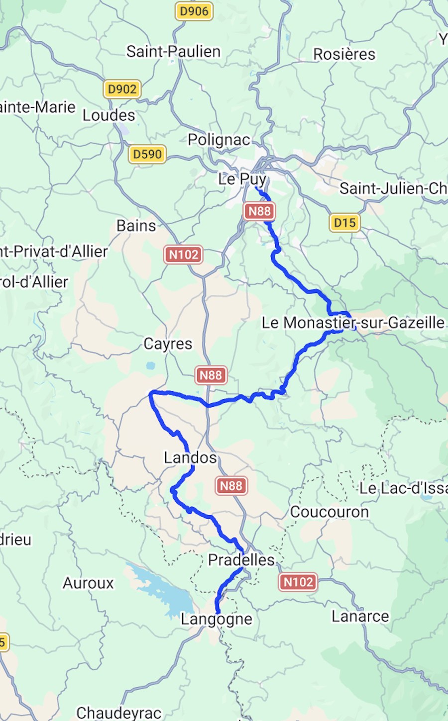 Continuous Street View coverage of the GR®70 between Le Puy-en-Velay and Langogne, shown as a blue line on Google Maps